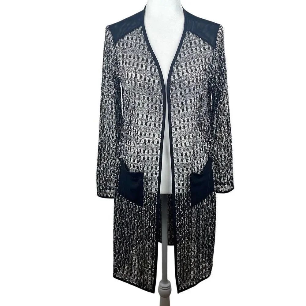 Chico’s Crochet Knit Mesh Sequined Open Front Duster sz 0